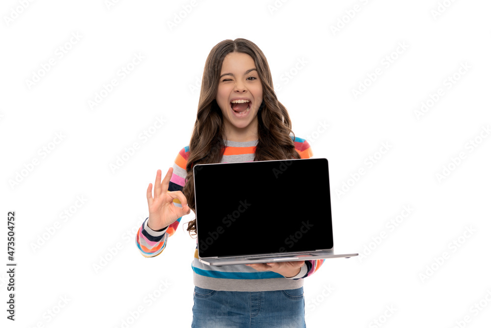 happy teen girl study online education making presentation on computer copy space screen, ok happy teen girl study online education making presentation on computer copy space screen, ok