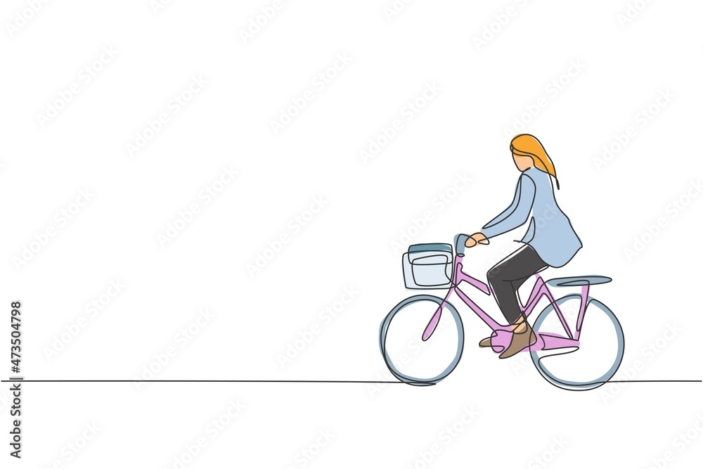 Fototapeta premium Single continuous line drawing of young professional businesswoman riding bicycle to her company. Bike to work, eco friendly transportation concept. Trendy one line draw design vector illustration