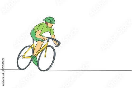 Fototapeta Naklejka Na Ścianę i Meble -  Single continuous line drawing of young agile man cyclist train to pedal cycling fast. Sport lifestyle concept. Trendy one line draw design vector illustration graphic for cycling race promotion media