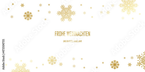 Breite Weihnachtskarte in goldener Schrift mit Frohe Weihnachten und vielen Weihnachtssternen