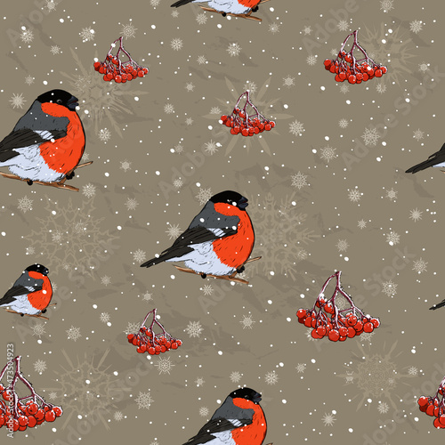 Seamless Christmas pattern with bullfinch ink style.