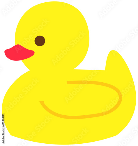 Toy rubber duck for baby bathing. Cute accessory for taking bath. Soft toy for playing with child during bathing isolated on white background. Yellow rubber duck with eye and wing for baby in bath