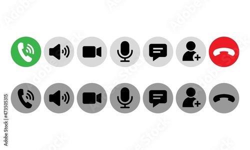 Set of Video call icons. Video conference. Collections buttons of on-line video chat app, internet talk, call technology. Vector simple design element symbols isolated illustration