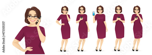 Elegant mature business woman with mobile phone talking, texting and showing empty sreen isolated vector illustration