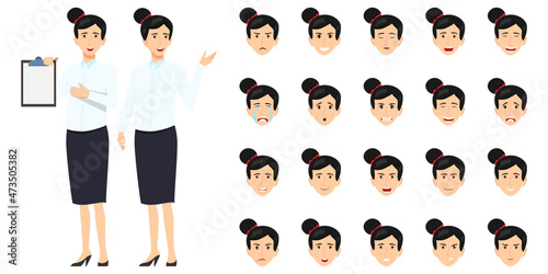 Businesswoman character set wearing business outfit with different facial expression and emotion angry happy excited unhappy cry cheerful posing standing isolated icon set