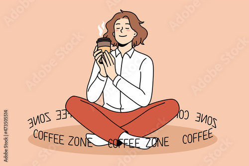 Coffee lover and zone concept. Smiling positive girl sitting holding enjoying cup of fresh brewed coffee drink in hands with lettering around vector illustration 