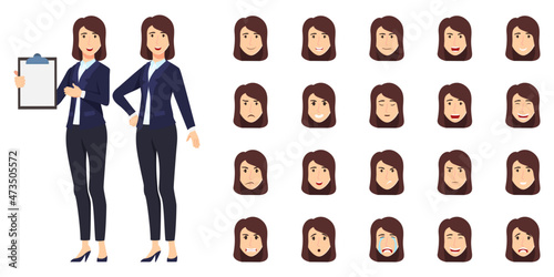 Businesswoman character set wearing business outfit with different facial expression and emotion sad angry happy excited cheerful isolated icon set