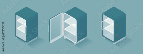 Medical refrigerators isometric 3d vector illustration set. Blue open and closed vaccine fridges cooler storages. Clinic laboratory equipment, health care technology, 3d isometric illustration.