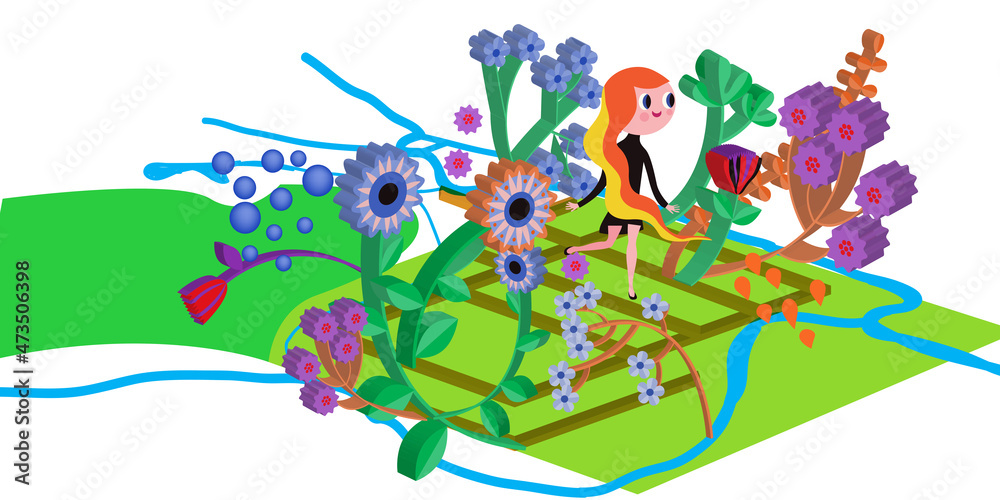 Young girl in flower garden,vector isometric design