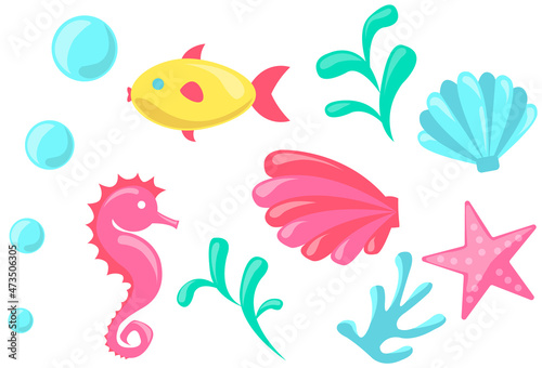 Colored fish, seashell, bubbles, corals, algae, starfish and sea horse on white background. Cartoon nautical characters live in ocean. Marine inhabitants and underwater life water animals and plants