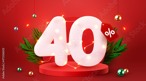 40 percent Off. Discount creative composition. 3d sale symbol with decorative objects. Sale banner and poster.