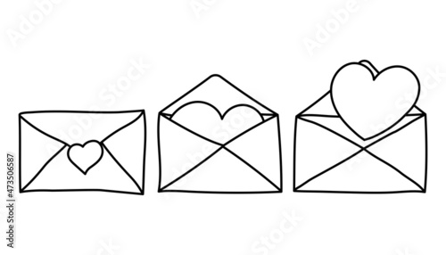 Hand-drawn vector envelopes with hearts in doodle style.