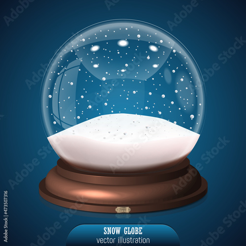 2022 Christmas snow globe with snowflakes on blue background. Merry Christmas and Happy New Year 2022. Realistic christmas snow globe for Your business project. Vector Illustration
