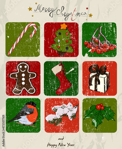 Christmas poster with christmas gingerbread man and ithe christmas elements from new ink style collection.