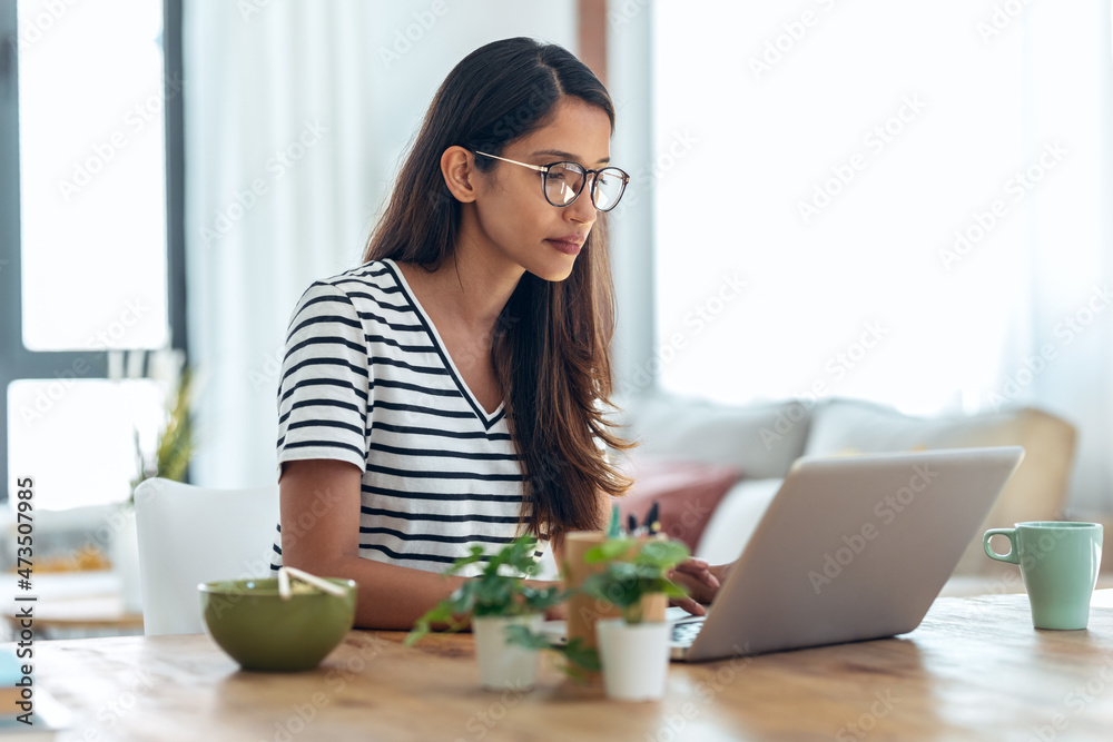 Concentrated young business woman working with laptop in the office at home.