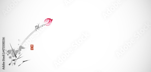 Little snail on lotus flower. Traditional oriental ink painting sumi-e, u-sin, go-hua. Minimalist zen illustration