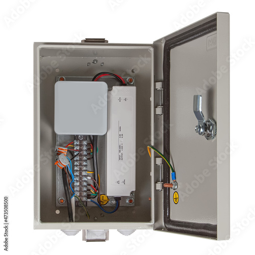 Outdoor open metal electrical cabinet junction box with warning signson white background