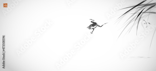 Jumping frog and leaves of grass. Traditional oriental ink painting sumi-e, u-sin, go-hua. Minimalistic zen illustration. Translation of hieroglyph - well-being.