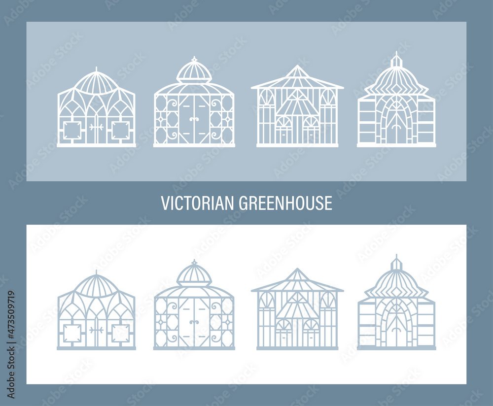 Botanical Garden. Victorian Greenhouses Vector Set. Vintage Glass Orangery.