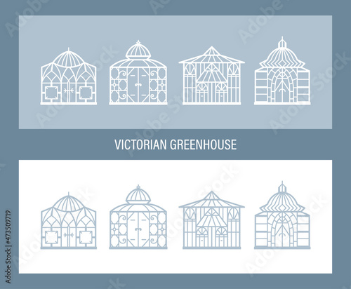 Botanical Garden. Victorian Greenhouses Vector Set. Vintage Glass Orangery. photo
