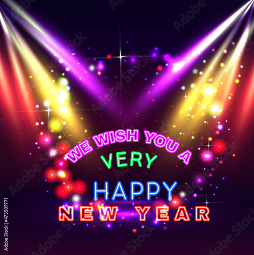 Neon Happy New Year With Party Lights And Glows Sparkles