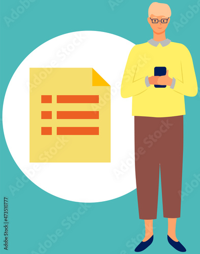 Man standing with mobile phone using smartphone to share posts and news in social networks, chatting with friends, sending message, makes notes. Guy holds smart phone to make repost of video and news