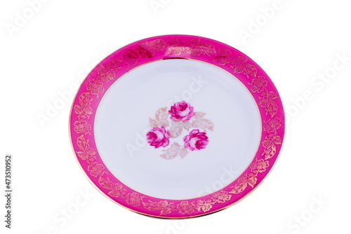 Ceramic vintage white plate with floral pattern isolated on white background
