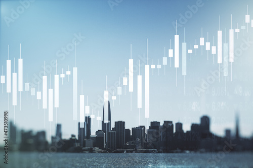 Abstract virtual financial graph hologram on San Francisco cityscape background  financial and trading concept. Multiexposure