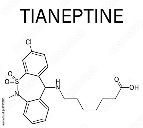 Tianeptine antidepressant drug molecule. Skeletal formula.	

