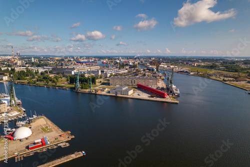 Gdansk. A city by the Baltic Sea on a sunny beautiful day. Aerial view over the seaside city of Gdańsk.