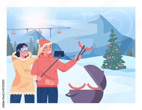 Winter bbq concept. A couple grilling hot dogs and taking pictures