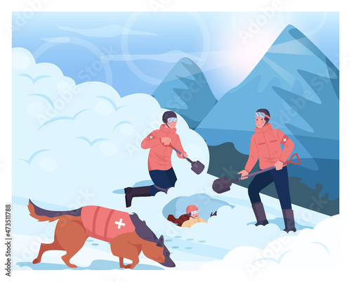 Ski resort rescuer team. Finding people operation with a rescue dog.