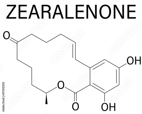 Zearalenone, ZEN mycotoxin molecule skeletal formula. Produced by some Fusarium and Gibberella species.