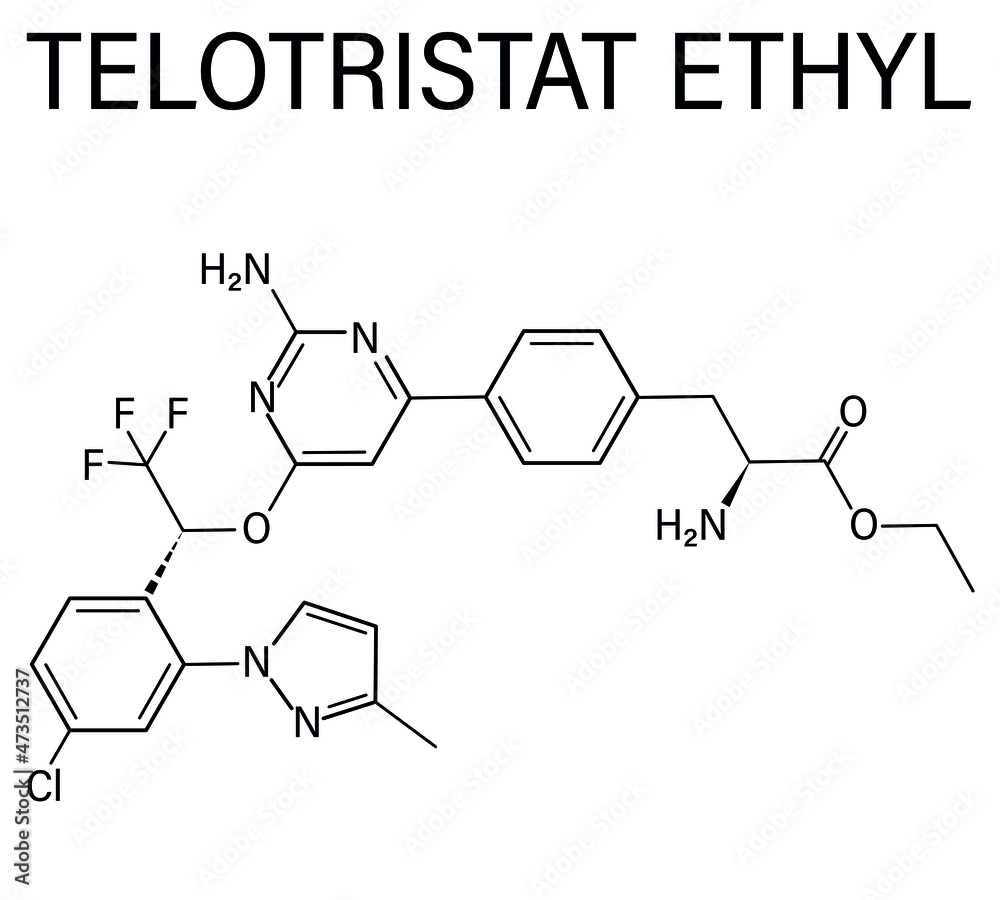 Telotristat ethyl drug molecule, tryptophan hydroxylase inhibitor. Skeletal formula.