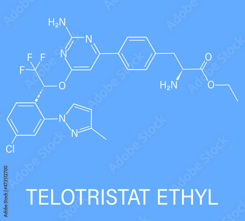 Telotristat ethyl drug molecule, tryptophan hydroxylase inhibitor. Skeletal formula.
