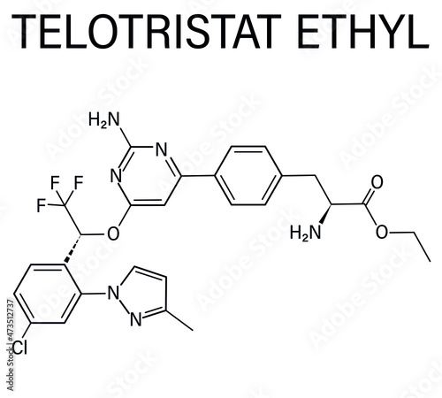 Telotristat ethyl drug molecule, tryptophan hydroxylase inhibitor. Skeletal formula. photo