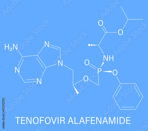 Tenofovir alafenamide antiviral drug molecule. Prodrug of tenofovir. Skeletal formula.