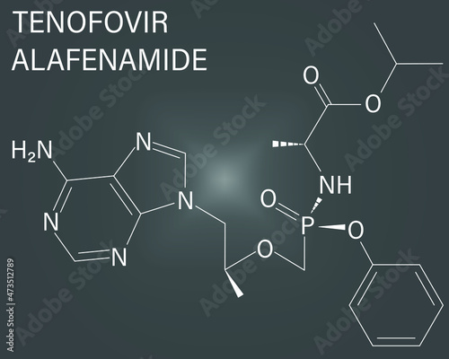 Tenofovir alafenamide antiviral drug molecule. Prodrug of tenofovir. Skeletal formula.