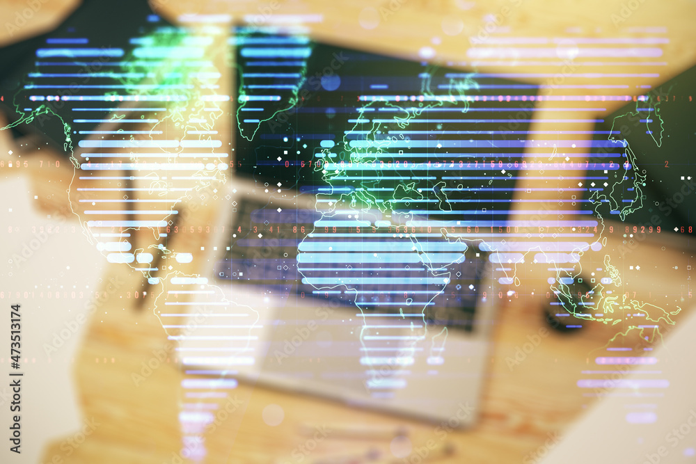 Fototapeta premium Double exposure of abstract digital world map on laptop background, research and strategy concept