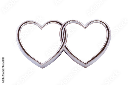 Two silver hearts connected to each other isolated on white background. Photo frame in the form of two hearts. Space for text.
