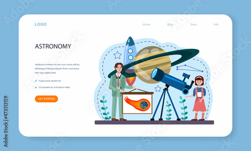 Astronomy school subject web banner or landing page. Students