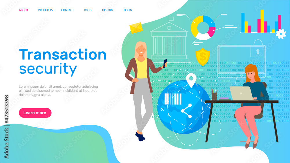 Secure transactions and payments landing page template, guarantee security of financial deposits, transactions and savings deposits. People with financial mobile app for any secure bank transaction