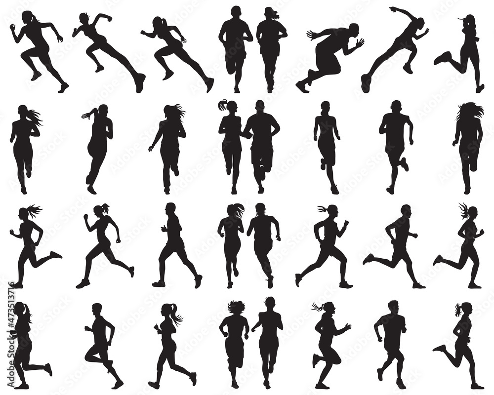 Black silhouettes of running on a white background	
