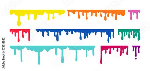 Color Paint Dripping Border Collection. Vector water, oil, paint, blood, ink or melt chocolate drips silhouettes set. Liquid stains, abstract splatter design elements isolated on white background.