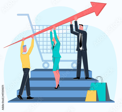 Businessmen and businesswomen stand on the steps and hold up an arrow that depicts an increase in sales figures. In the background is a shopping cart. Flat vector illustration.