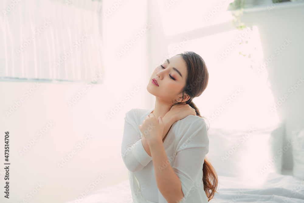 Beautiful asian woman in bedroom morning portrait Beautiful asian woman in bedroom morning portrait