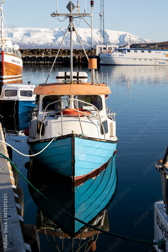 Dalvik Harbour Sunset Small Ship on sunny day snowy mountain reflection 