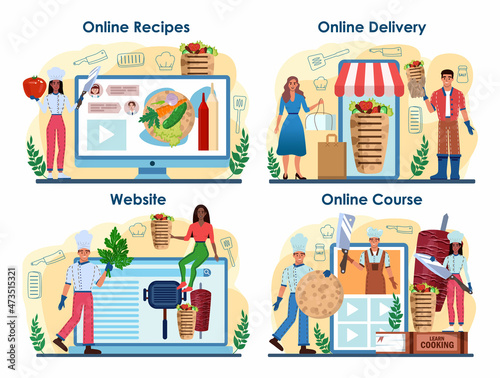 Shawarma maker online service or platform set. Chef cooking delicious street