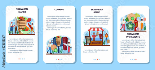 Shawarma maker mobile application banner set. Chef cooking delicious street