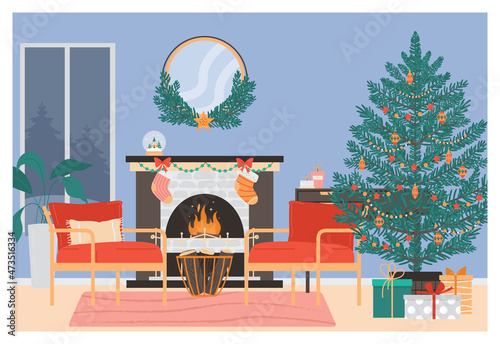 Christmas living room interior. Modern cozy and stylish apartment